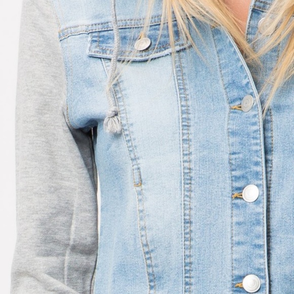 Denim Jacket with Sweatshirt Sleeves and Hood - Picture 2 of 4